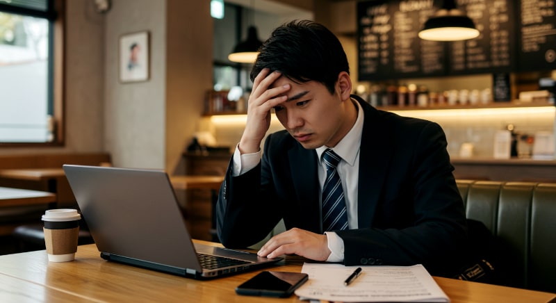 カフェで就活失敗に悩む学生
