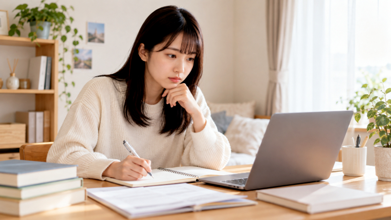 就活相談の前に自宅で情報を整理する日本人女子学生