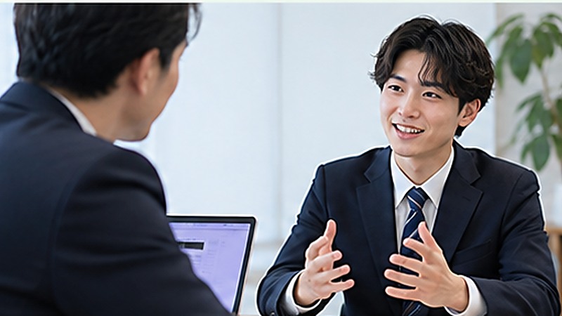 就活塾の模擬面接で講師を相手に受け答えを練習する男子大学生
