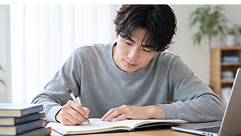 就活を振り返り、ノートに反省点や改善点を書き込む男子大学生