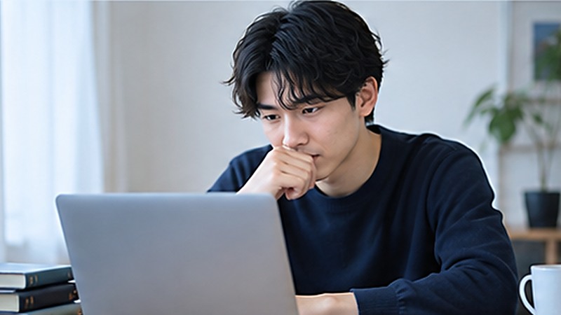 就活の進め方に悩み、パソコンを見ながら考える男子大学生