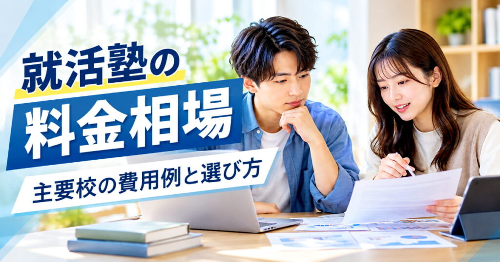 就活塾の料金やコース内容を資料とパソコンで比較する男女の大学生