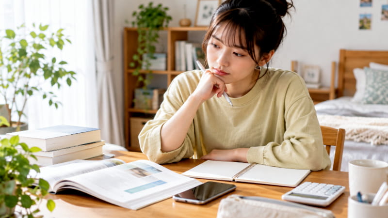 就活塾の受講料や追加費用を確認するため、電卓と資料を見比べる女子学生